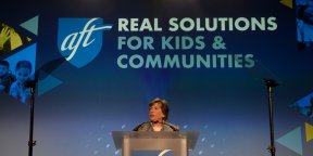 Photo of AFT President Randi Weingarten addressing TEACH 2023