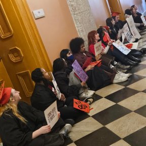 Higher Ed students protest the SB 1 press conference